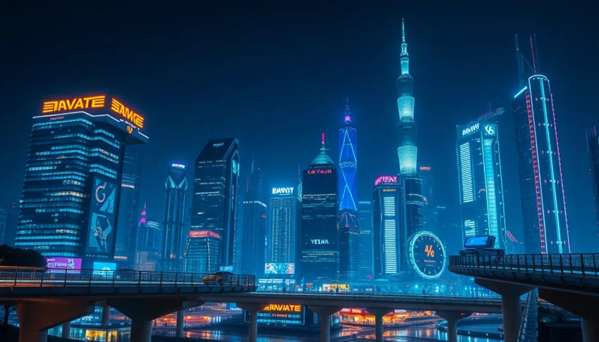 Showcasing technology in a vibrant futuristic city illuminated by neon lights and advanced structures.