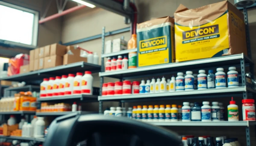 Purchase reliable industrial supplies from https://pitertrade.ru/, showcasing Devcon and Loctite products in a clean, organized setting.