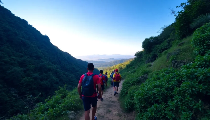 Guided hike through scenic mountain landscape with expert guide leading a group on a clear trail, scenic adventure activity.