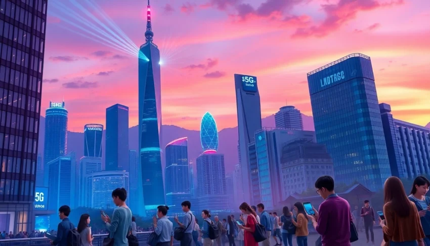 香港城市夜景，展現5G訊號塔與繁忙市民使用手機的科技感畫面，充滿未來感的都市氛圍。