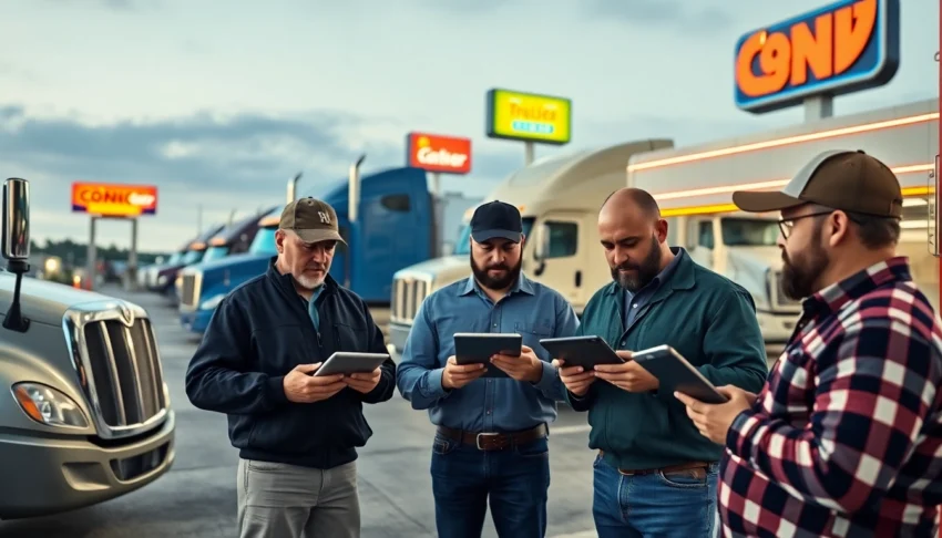Truckers sharing honest trucker reviews at a busy truck stop, highlighting community feedback and industry insights.