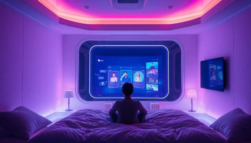 An illustration of a futuristic bedroom with neon lighting, holographic screens, and a person engaged in an AI chat experience.
