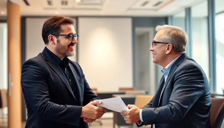 Business loan lender offering financial solutions to small business owners in a professional setting, symbolizing trust and support.