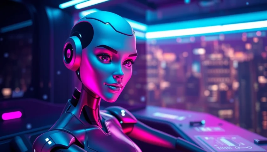 Futuristic digital scene with an AI avatar in a neon-lit cyberpunk environment.