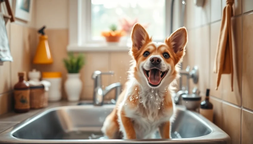 Dog wash near me - A joyful dog being washed at a bright, inviting self-service pet wash station.