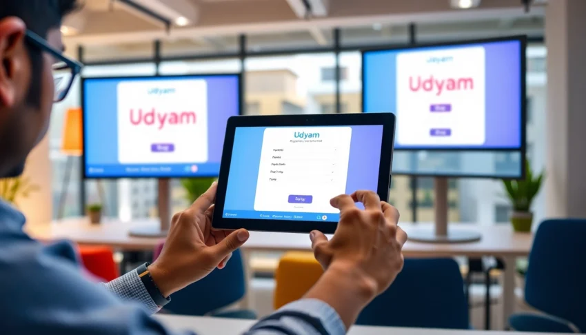 Udyam registration process for MSMEs in India with entrepreneurs easily submitting documents online.