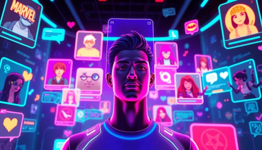 Futuristic virtual social media platform with diverse fandom avatars and vibrant neon lighting.