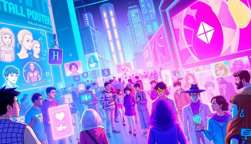 Futuristic social media environment with AI characters, holograms, and digital personas in a vibrant, neon-lit cityscape.