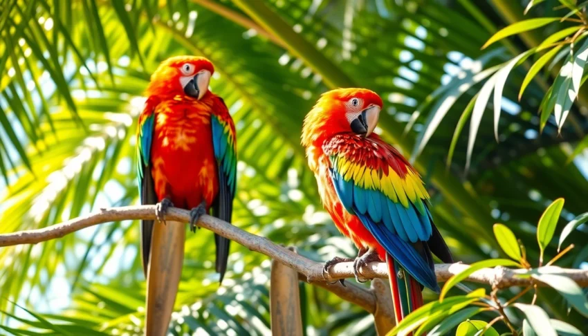 Colorful parrots in mid-flight displaying vibrant feathers, engaging viewers with lively motion and tropical surroundings.