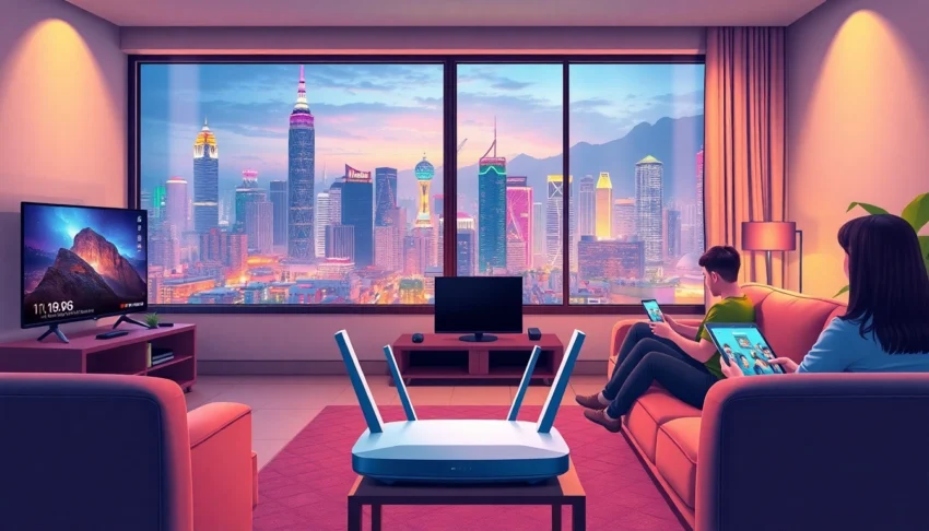 香港家庭在家中享受高速寬頻網絡，設備連接順暢，背景展示城市夜景的溫馨畫面。