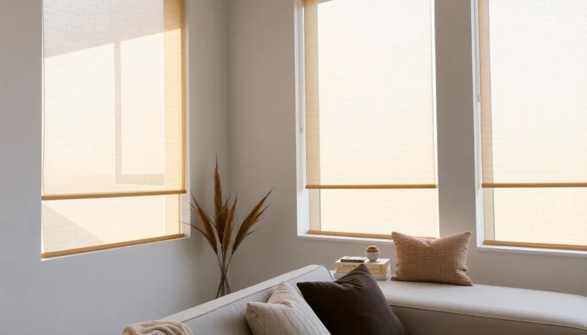 High-quality rolety bydgoszcz installed in stylish modern home with soft lighting and neutral tones for elegant window coverage.