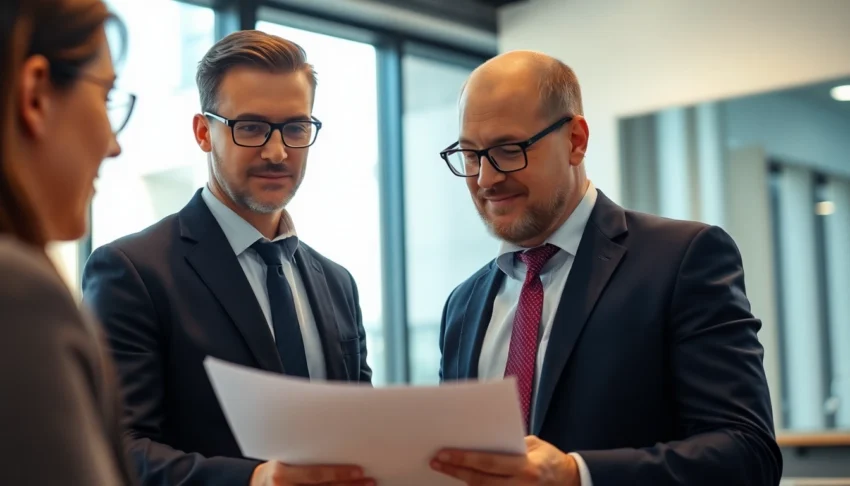 Avocat timisoara providing professional legal advice to a client in a modern office setting.