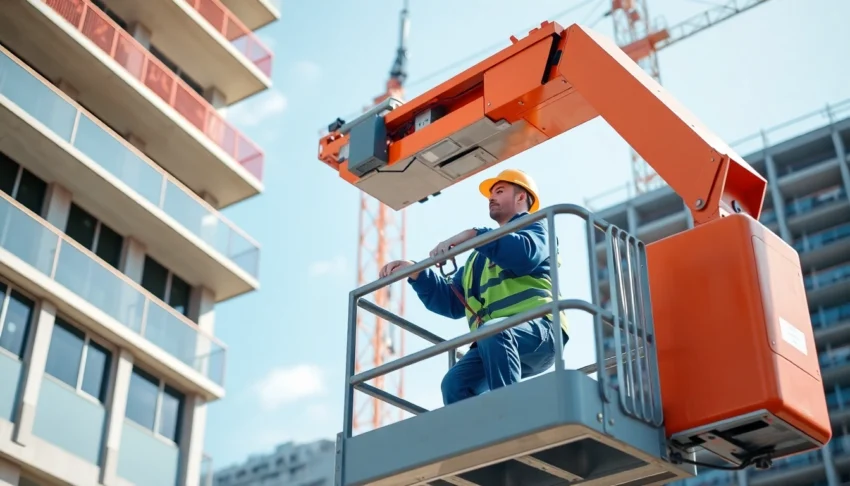 Efficient boom lift rental service showcasing safe operation on a construction site with skilled operators.