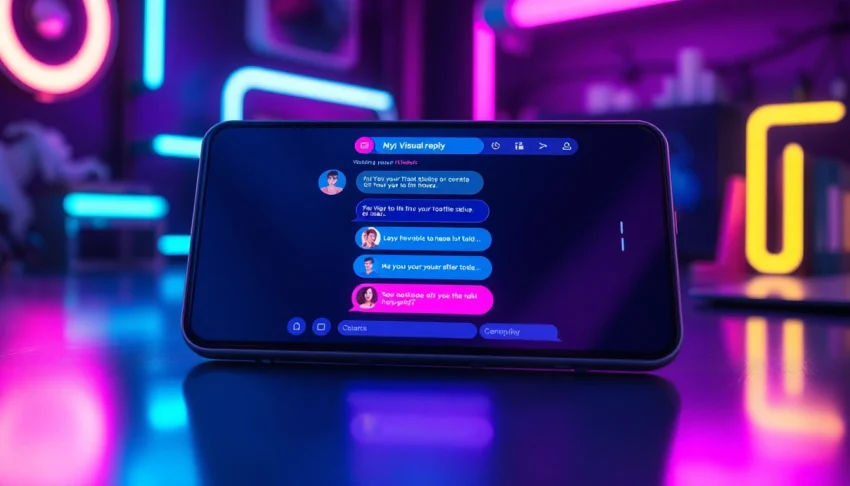 An advanced AI chatbot interface on a futuristic device screen with colorful visual responses and digital characters in a high-tech environment.