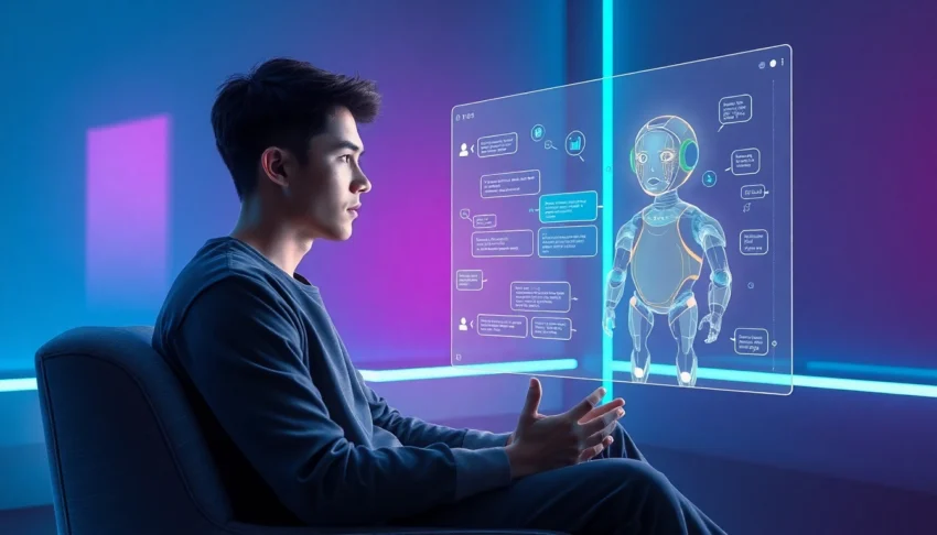 Futuristic scene of a person interacting with an AI chatbot interface with holographic visuals in a high-tech room.