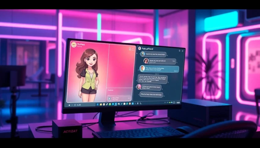A futuristic scene showing an AI girlfriend on a holographic screen in a high-tech room, with vibrant neon lighting and detailed textures.