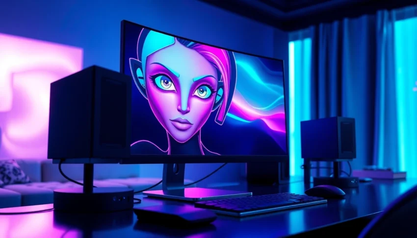 Futuristic computer setup with vibrant AI character visuals and neon lighting in a cozy room.