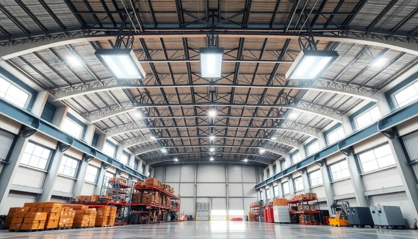 Große Industriehalle mit moderner LED-Beleuchtung