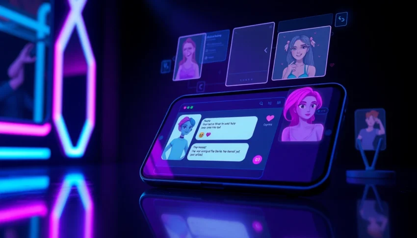 Futuristic digital scene of AI characters with vibrant neon lights and immersive visuals representing adult AI chat interactions.