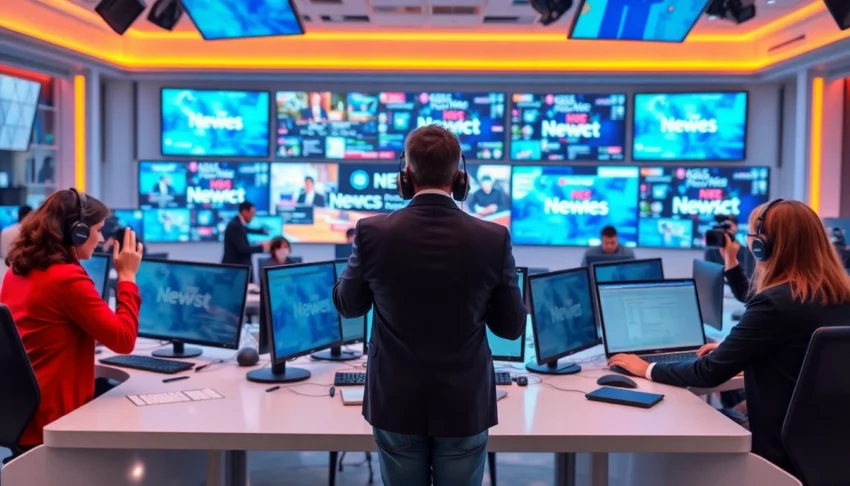 https://diengpos.com presents a dynamic newsroom scene illustrating digital news reporting with monitors, journalists, and modern tech environment, emphasizing reliable news coverage.