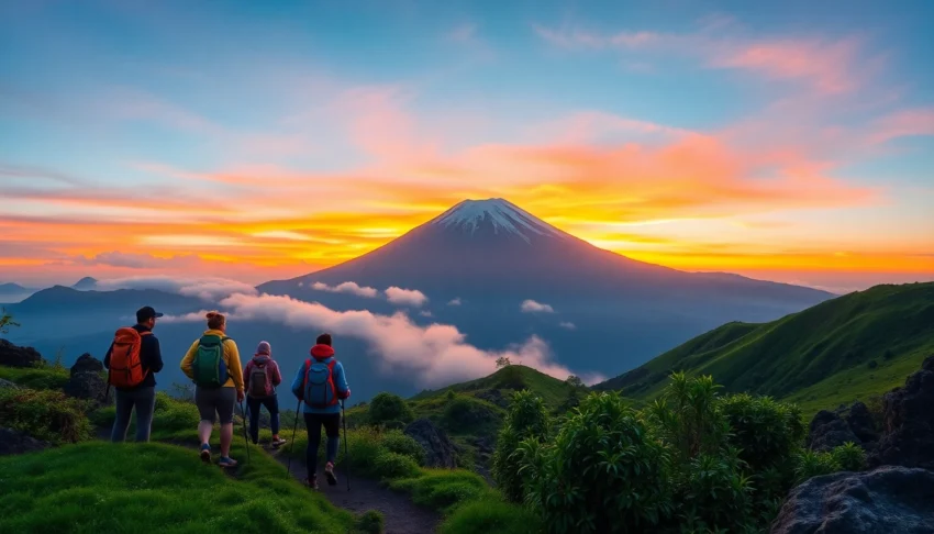 Hikers trekking near Mount Rinjani at sunrise with vibrant colors and scenic mountain views.