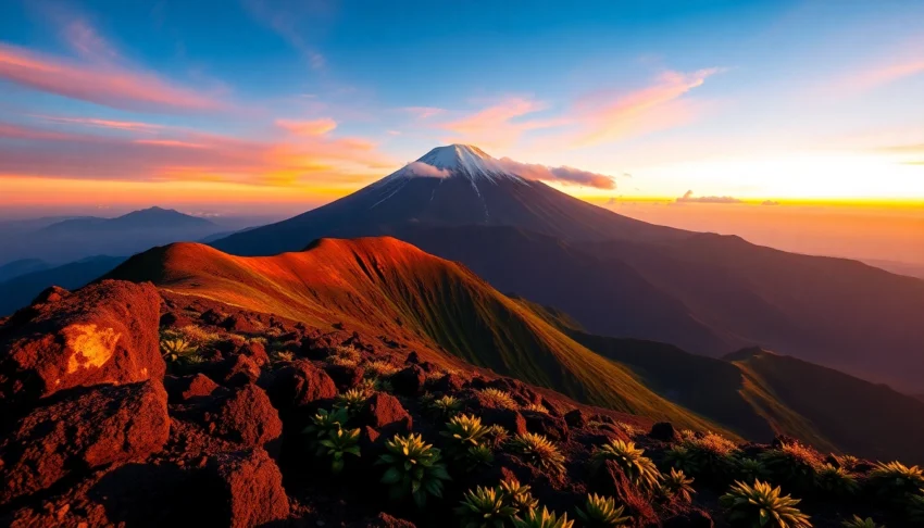 An awe-inspiring sunrise over Mount Rinjani's crater, showcasing lush greenery, volcanic rocks, and a colorful sky.
