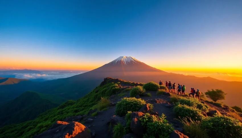 An inspiring sunrise view of Mount Rinjani with hikers on the trail, lush greenery, and vibrant colors of dawn highlighting the mountain's majestic peak.