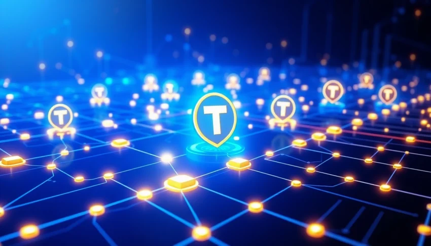 Secure staking ton process with glowing nodes and blockchain network illustration for crypto rewards.