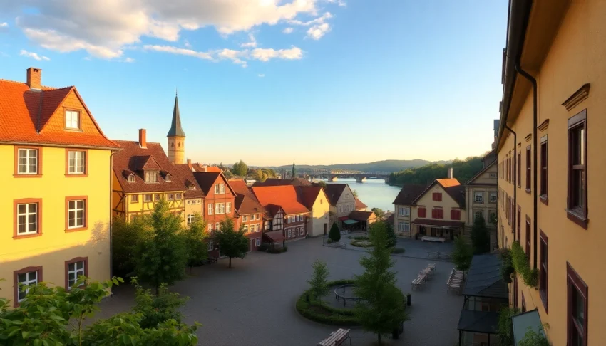 Saalfeld’s picturesque town square showcasing historic architecture and the Saale River, inviting visitors to explore its charm.