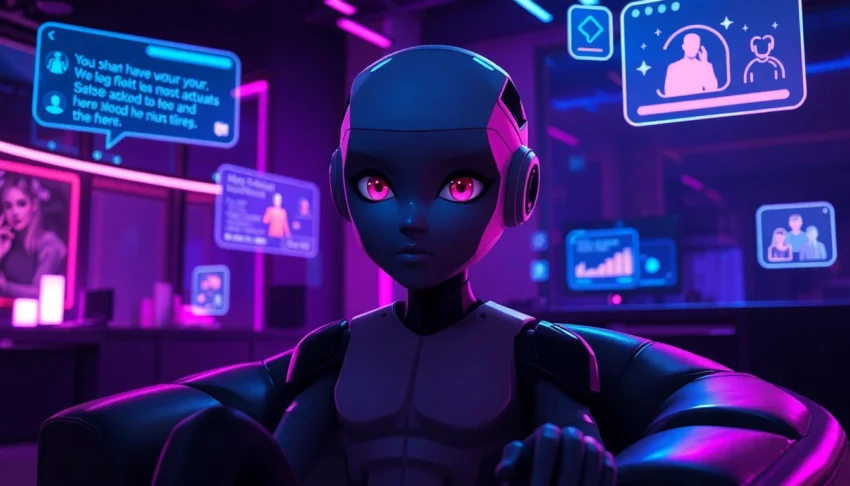 Futuristic digital scene of an AI chat environment with holographic visuals and a stylized AI avatar.