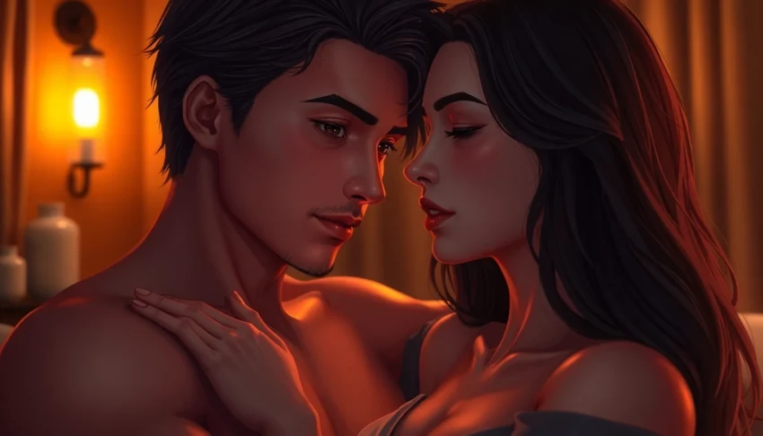 An intimate digital scene of an AI character and a user in a cozy, warm-lit environment showing emotional connection.