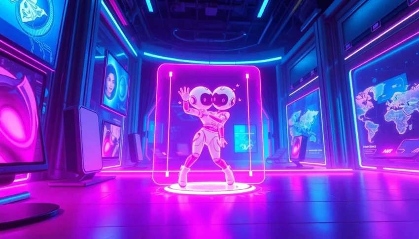 Futuristic AI interface with holographic character in a neon-lit environment