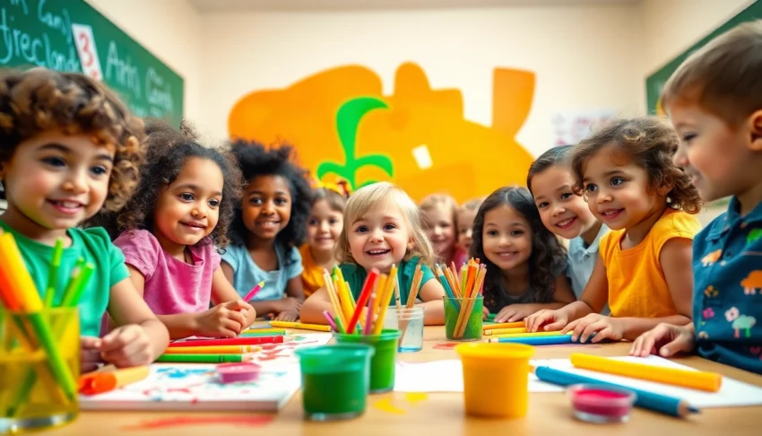 Engaging image of children exploring colors at My Color School, inspiring creativity with vibrant art materials and a lively classroom environment.