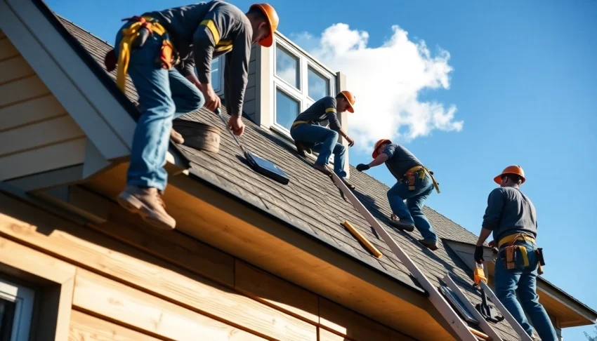 Experienced roofing contractors inspecting a new roofing installation on a modern home for durable weatherproofing and quality.