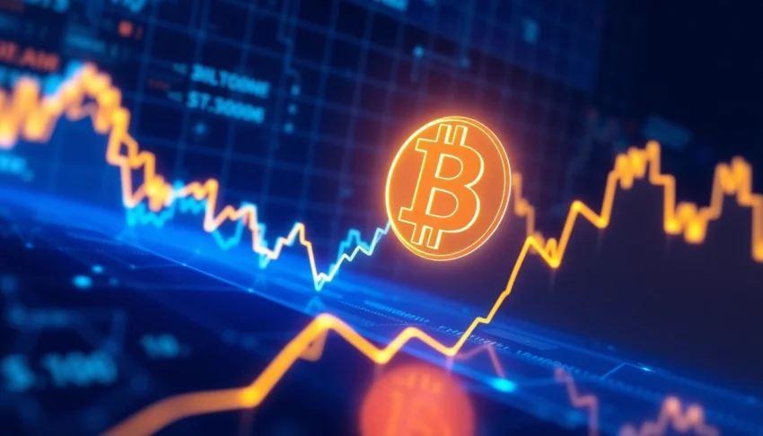 Bitcoin symbol flowing into a financial graph representing growth and technological advancement
