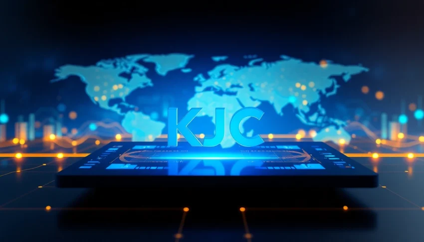 KJC logo displayed on a digital interface emphasizing global reach and modern branding