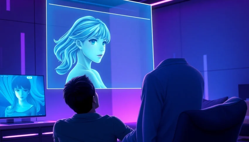 Futuristic scene of a person interacting with a hyper-realistic AI girlfriend hologram in a high-tech room with neon lighting.
