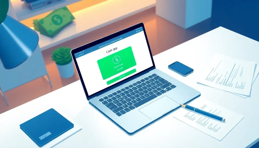 A modern workspace with devices displaying Cash App interfaces, symbolizing verified accounts and digital finance.