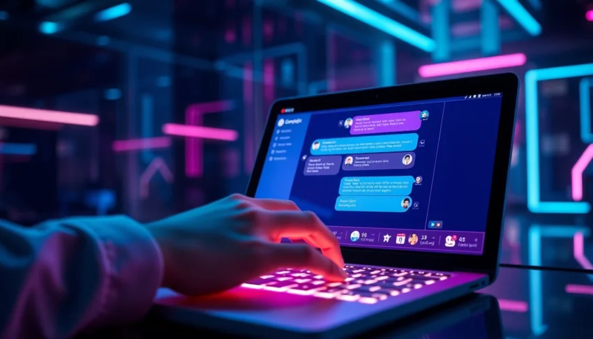 Close-up of a person typing on a glowing keyboard with a chat interface on the screen, neon-lit tech background.