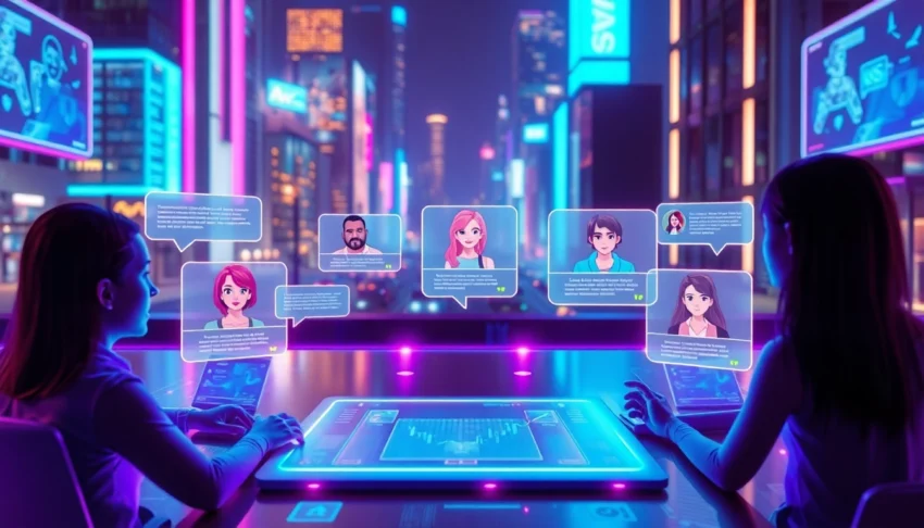 Futuristic digital chat environment with diverse AI characters in a neon-lit cityscape.