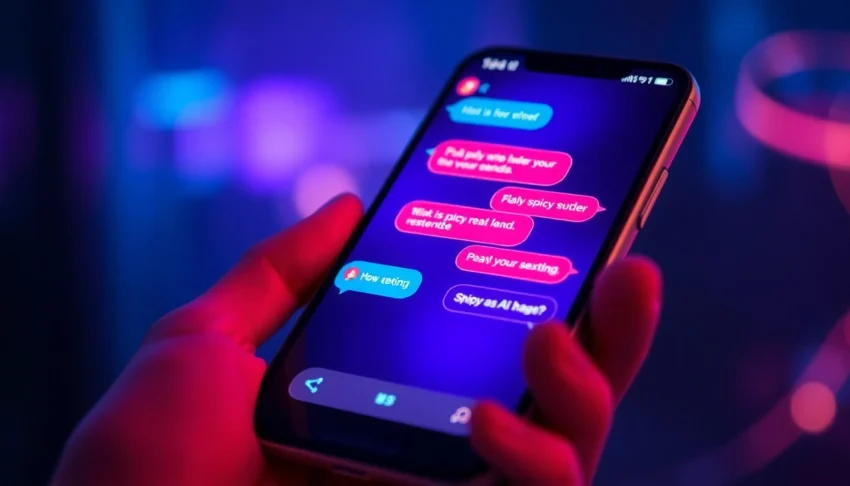 Close-up of a smartphone displaying a colorful AI chatbot conversation with a spicy and playful tone, glowing chat bubbles against a dark, neon-lit background.