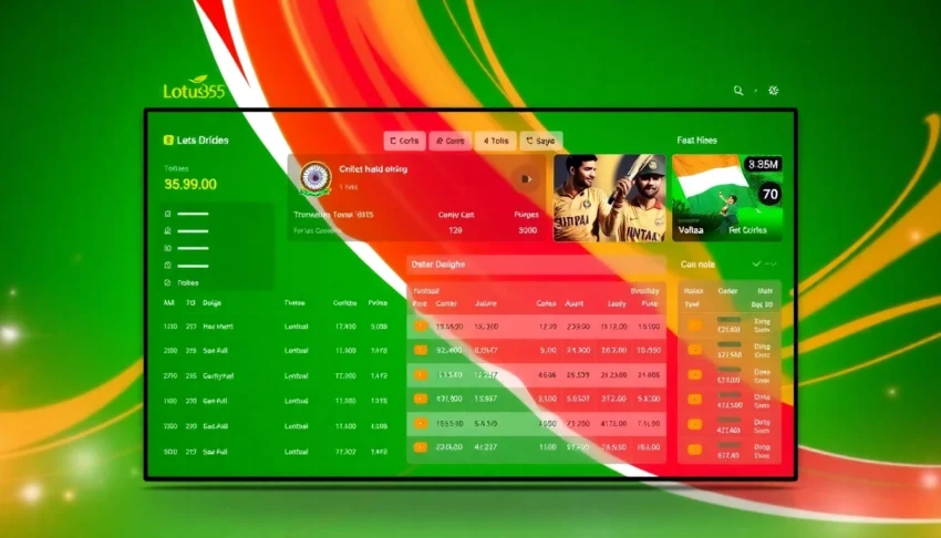Engaging Lotus365 betting platform interface with live cricket scores and vibrant branding, highlighting trusted gaming experience in India.