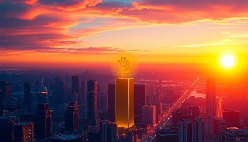 Bitcoin cryptocurrency coin rising above futuristic digital cityscape symbolizing financial