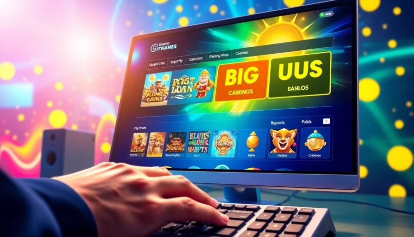 A digital illustration of an online gaming platform interface with colorful bonuses and jackpots on a sleek computer screen.
