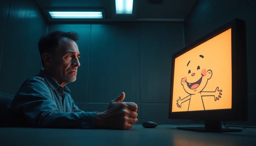 A distressed man facing a computer screen with a cheerful cartoon character, in a dark, clinical room, illustrating moral conflict and psychological horror.