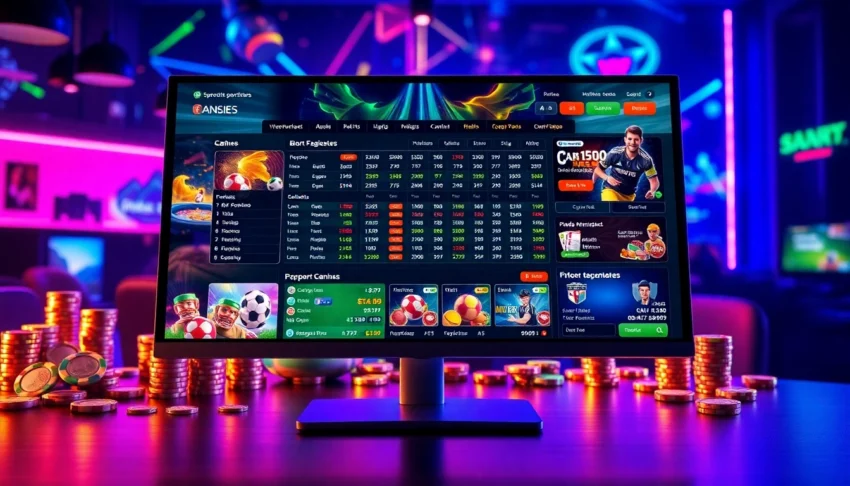 An online sportsbook and casino website with sports betting options, live odds, and colorful banners on a digital screen, illuminated with vibrant neon lighting.