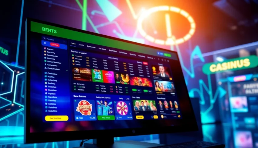 An online sportsbook and casino platform interface on a computer screen with vibrant colors and digital graphics.