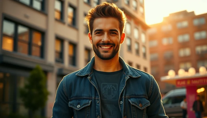 A confident man standing outdoors in an urban setting during golden hour, smiling and relaxed.