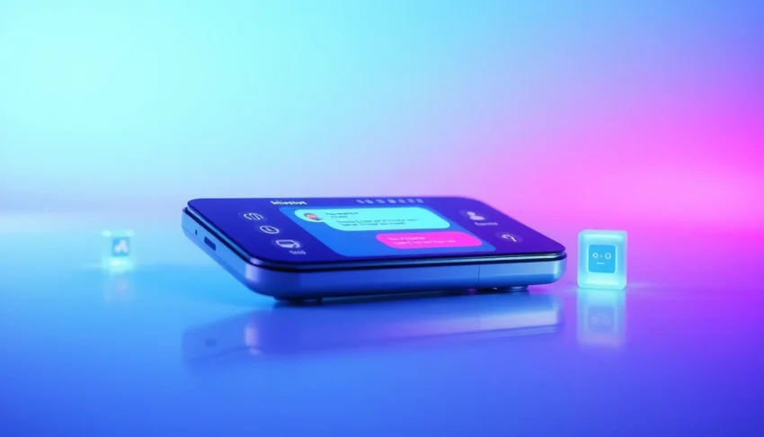 Futuristic chatbot interface on a sleek device with colorful chat bubbles and digital icons, set against a blue-purple gradient background.