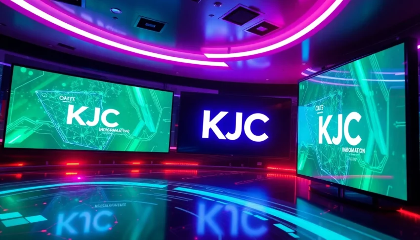 KJC's innovative digital entertainment hub with a vibrant, high-tech atmosphere showcasing global connectivity and modern branding.